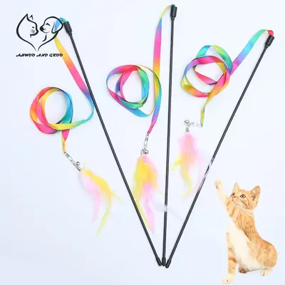 Simulation Feather Interactive Cat Toy Satin Ribbon Bell Cat Stick Toys Kitten Playing Teaser Wand