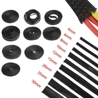Length 3M/5M Black Nylon Mesh Tube PET Wire Sleeving Spirals Wrapping Expandable Insulated Braid Tight 1mm to 50mm Cable Sleeve