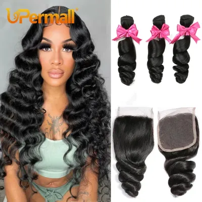 Upermall 3/4 Loose Wave Bundles with Closure Brazilian Remy Human Hair Weave HD Transparent 4x4 5x5