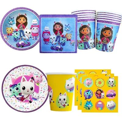 Gabby Doll's House Party Supplies Tableware Paper Plate Ballon Tablecloth for Kids Boys Birthday