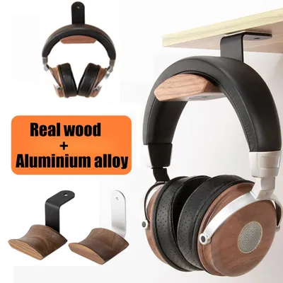 Pure Wood Walnut Headphone Stand Mount Solid Wooden Earphone Rack Hanger Aluminum Alloy Desktop