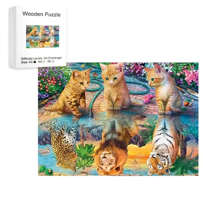 Cat Reflection Wooden Puzzle, Uniquely Irregular Animal Shaped Wooden Jigsaw Puzzles Wooden Toy