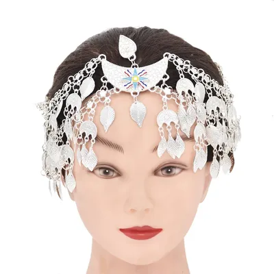 Alloy Leaves Tassels Headband Women Vintage Carved Glossy Metal Charms Hair Jewelry Bohemian Ethnic