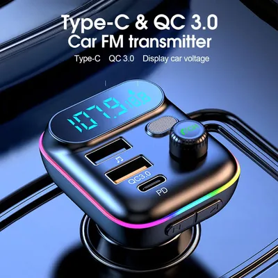 Car Fast Charge Bluetooth 5.0 FM Transmitter PD Dual Player Music Type-C Colorful Ambient MP3 Light