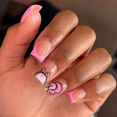24pcs Short Square French Pink Cartoon Snail False Nails Full Cover Detachable Nail Tips Press on Nails