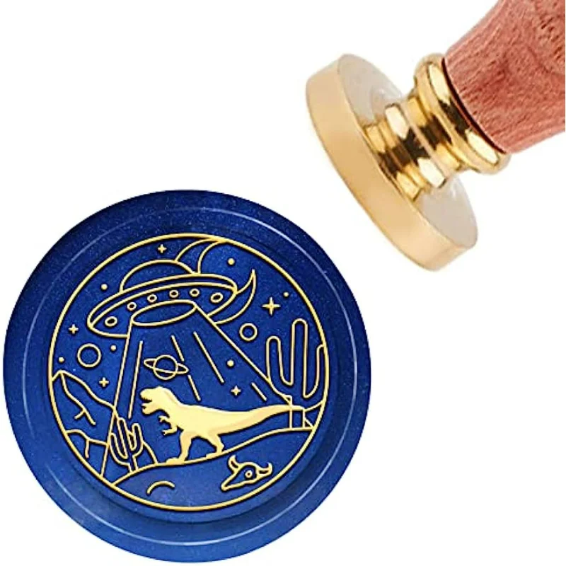 Dinosaur Vintage Sealing Wax Stamp UFO 30mm Removable Brass Head Sealing Stamp with Wooden Handle for Wedding Invitations