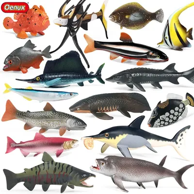 Oenux Sealife Animals Action Figures Ocean Fish Salmon Tuna Model Figurines Mini PVC School Project
