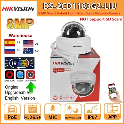 Hikvision 8MP IP Camera DS-2CD1183G2-LIU Built-in Mic Dual-Light 4K Smart Hybrid Light With ColorVu Fixed Dome Network Camera