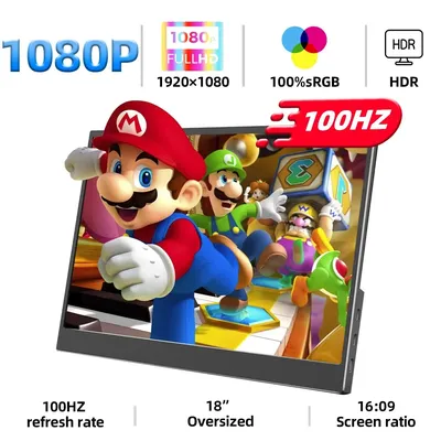 ZSUS 18-Inch 1080P 100Hz Portable Monitor 16:9 HDR 100%sRGB 350cd /M² For XBox PS4 / 5 Switch Cell Phone PC Loptop Extension