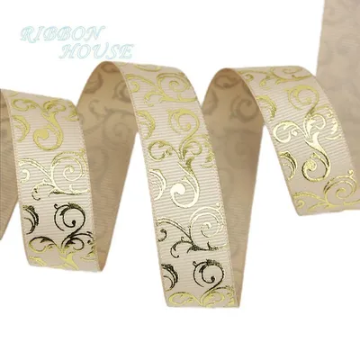 (10 yards/lot) 25mm Champagne gold foil Hot stamping grosgrain ribbon gift wedding ribbons roll