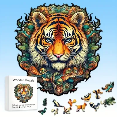 Tiger Wooden Jigsaw Puzzle, Uniquely Irregular Animal Shaped Wooden Stress Relief Toy