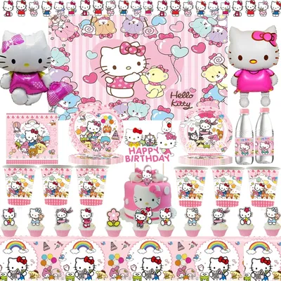 Hello Kitty Birthday Party Decoration Pink Kitty Disposable Tableware Tablecloth Cup Plate Balloons