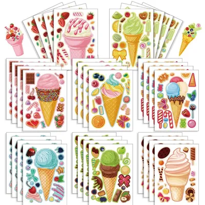 6-24sheets DIY Ice Cream Stickers for Kids Creative Make Your Own Dessert Decals Puzzle Stickers Party Supplies Decoration Gifts