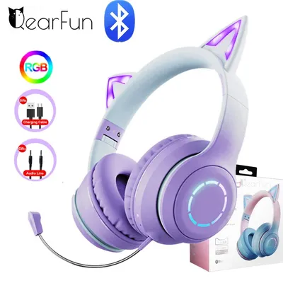 QearFun Gradient Pink Cat ear Headphones with Mic for Kawaii Girls Kids Phone MP3 HiFi Stereo Music