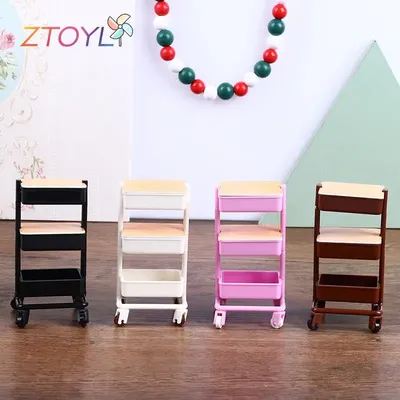 1:12 Dollhouse Miniature Three Layers Trolley Dining Cart with Wheels Storage Display Shelf