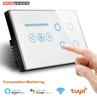 Shawade Wifi Smart Tuya Light Switch Fan Speed Control Glass Touch Panel Power Monitor Interruptor Remote by Alexa Google Home