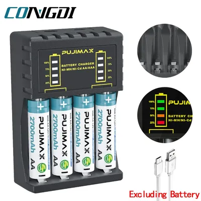 AA/AAA Battery Charger 4 Slots Intelligent LED Indicator USB C Micro Charger for Ni-MH/Ni-Cd