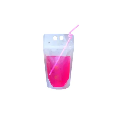 50pc Plastic Drink Packaging Bag Pouch for Beverage Juice Milk Coffeewith Handle and Holes for Straw