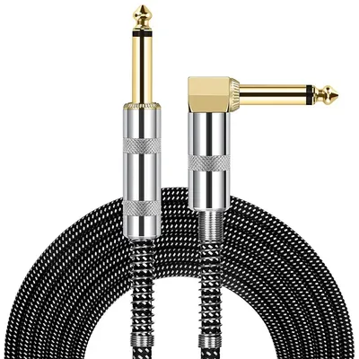 Braided Guitar Cable 3m 5m High Elastic PVC 6.35mm Audio Cable 1/4" Straight To Right Angle Black