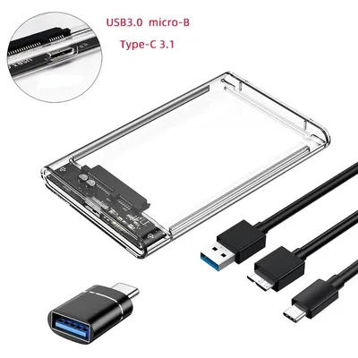 USB 3.0/Type C External Hard Drive Enclosure for 2.5 Inch SATA HDD and SSD Transparent Hard Disk