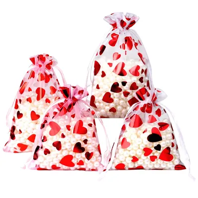 25pcs/lot Organza Gift Bag Hot Red Printing Love Heart Drawstring Pouches For Wedding Valentine Day