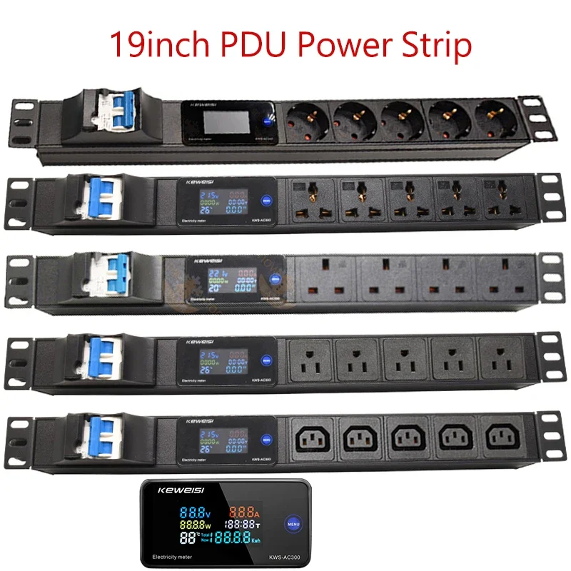 19Inch Cabinet Rack PDU Power Strip EU/US/UK C13/Universal Outlet Digital Voltmeter Ammeter Wattmeter 16/32A 4000/8000W