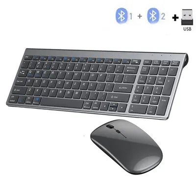 Gray Bluetooth 5.0 & 2.4G Wireless Keyboard Mouse Combo Rechargeable Full Size Wireless Keyboard for