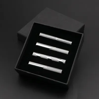 4pcs Men's Metal Tie Clip With Box Bright Chrome Stainless Steel Jewelry Necktie Clips Pin Clasp