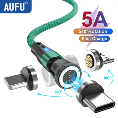 AUFU 540 Rotate Magnetic USB Cable 5A Fast Charging Micro USB Type C Cable For iPhone Xiaomi Magnet