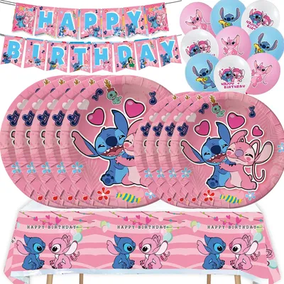 Disney Pink Lilo Stitch and Angel Birthday Party Decoration Lilo&Stitch Cups Plates Balloon Banner Bracelet Gift Favors