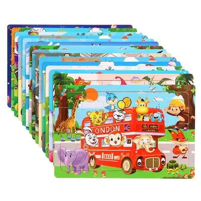 New 30 Pieces Wooden Puzzles Cartoon Animal Traffic Tangram Wood 3d Puzzle Montessori Educational