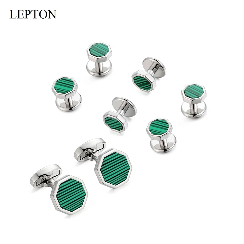 LEPTON Malachite Cufflinks Tuxedo Studs Sets High Quality Stone Collar Studs Cufflink Perfect For Mens Business Wedding Gifts