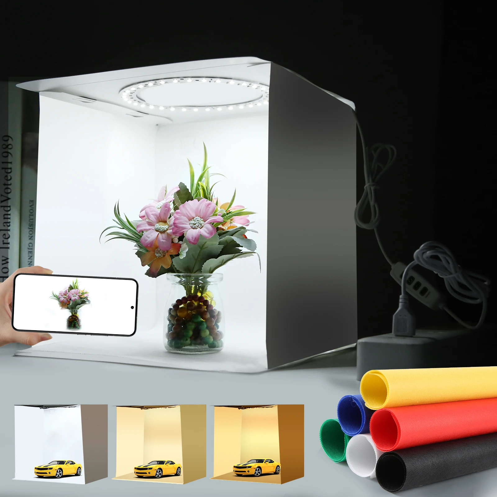 23cm Ring LED Panel Folding Portable Light Photo Lighting Mini Studio Shooting Tent Box Kit with 6 Colors Backdrops Photo Box