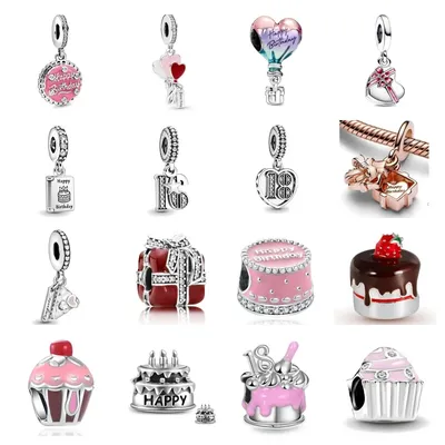 New 925 Sterling Silver Hot Air Balloon Happy Birthday Cake Beads Dangle Fit Original European