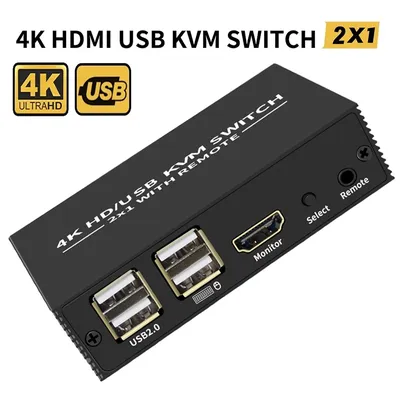 HDMI KVM Switch 2x1 4K HDMI USB Switch Selector 2 in 1 out with 4 Port USB Hub Desktop Controller