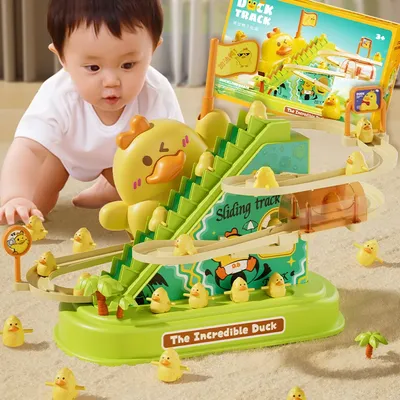 Kids Electric Duck Climbing Stairs Toys Audible Light Little Yellow Duck Rotating Slide Track Baby
