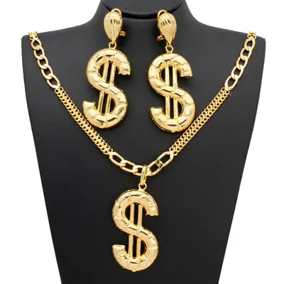 Earrings and Pendant Set For Wome Necklace Dollar Jewelry Sets Copper 24K Gold Plated Statement Hip Hop Jewellery Party