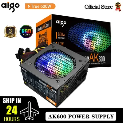 Aigo AK 600W PC PSU Power Supply Unit Black Gaming Quiet 120mm RGB Fan 24pin 12V ATX Desktop