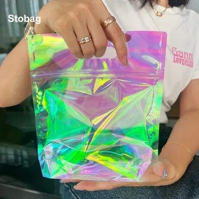 StoBag 50pcs Transparent Laser Rainbow Candy Snack Packaging Bag Zipper Tote Handle Kids Gift