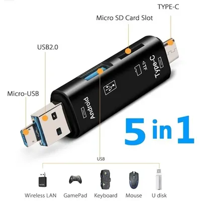 5 in 1 Multifunction Usb 2.0 Type C/Usb /Micro Usb/Tf/SD Memory Card Reader OTG Card Reader Adapter