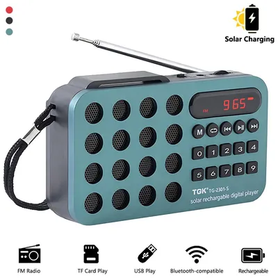 Mini Portable Pocket FM Radio Solar Charging Wireless Speakers Support USB TF Card Play Bluetooth