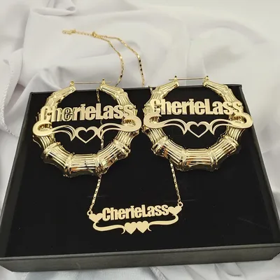 Custom Name Necklace and Bamboo Hoop Earring Set Stainless Steel Personalized Earring Necklace Set