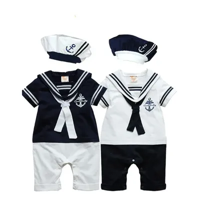 Baby Navy Romper Summer Newborn Kids Boys Girls Sailor Jumpsuit Hat 2Pcs Body Short Sleeve Anchor