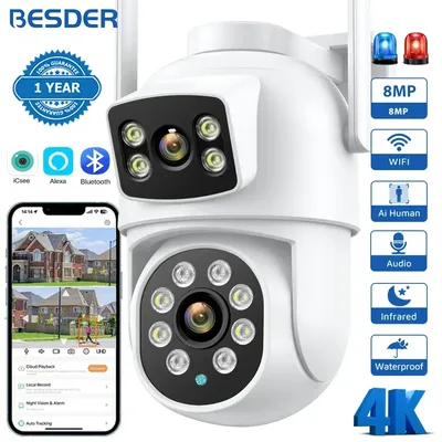 BESDER 4K 8MP Wifi Camera PTZ Outdoor Dual Screens Human Detection Dual Lenses 4MP Security