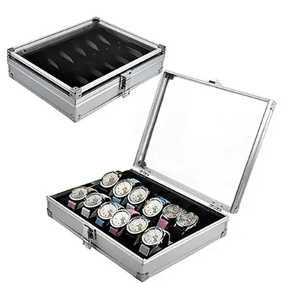 Useful Aluminium Watches Box 12 Grid Slots Jewelry Watches Display Storage Box Square Case Suede