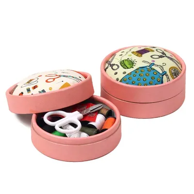 Home Travel Sewing Kit Box Circular Portable Mini Storage Box Needlework Threads Scissor Storage