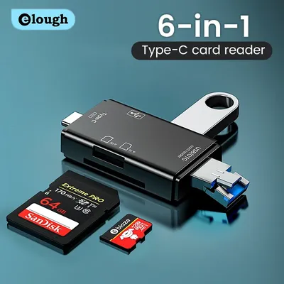 Elough 6 in 1 Card Reader OTG Type C Micro SD Card Reader Flash Drive Smart Memory Card Reader USB