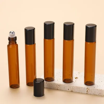 5 Refillable Glass Essential Oil Bottles, Amber Glass Bottle Rollerball Perfume Bottle, Stainless