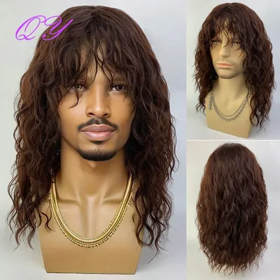Synthetic Men's Wig Long Brown Natural Curly Rock Man Wig With Bangs Party Or Cosplay Adjustable