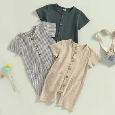 2023-03-09 Lioraitiin 0-24M Newborn Baby Boys Girls Summer Jumpsuit Solid Color/Striped Short Sleeve